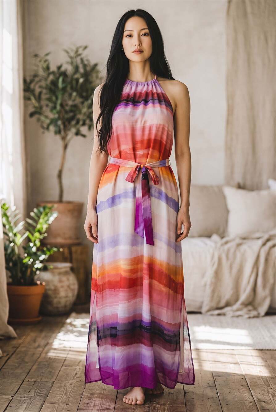 Bella Dahl Havana Rainbow Stripe Side Slit Halter Maxi Dress